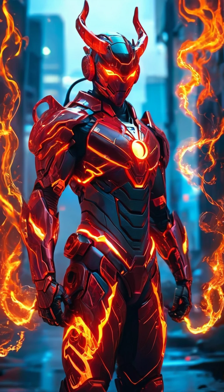 a man with glowing eyes and a red suit standing in front of a fire, incredible background, human torch, glowing red veins, radiant power, avatar image, glowing red veins, glowing and glowing veins, cyberpunk flame suit, 8 k very detailed ❤🔥 🔥 💀 🤖 🚀, glowing veins, dark supervillain, 1024px profile picture, fire demon