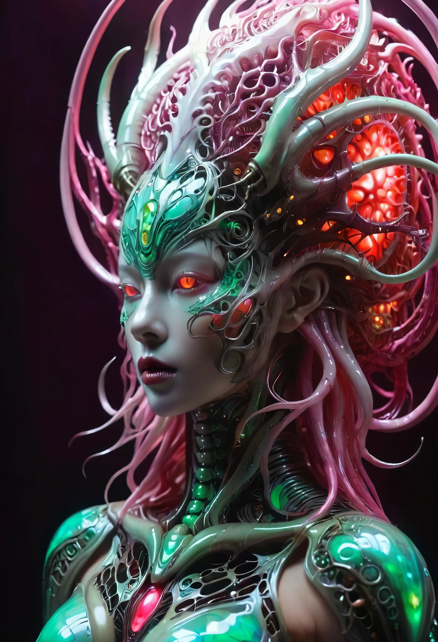 (best quality,4k,8k,highres,masterpiece:1.2), ultra-detailed, (realistic,photorealistic,photo-realistic:1.37), (((There is a female genital-like organ on her head:1.7))), (There's a pussy on her forehead]1.3), 1 creature, otherworldly, Lovecraftian, chitinous skin, bioluminescent patterns, somber color palette, eerie lighting.(NSFW:1.4), white, pink, green, very sharp long red claws, (She has bioluminescent all over her body:1.3), erotic, (NSFW:1.5), fractal, tangle, entangle, zentangle, destroyed anatomy, (extremely thin waist:1.2), ferocious predator,