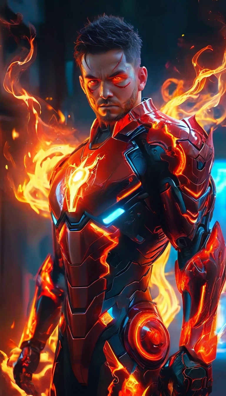 a man with glowing eyes and a red suit standing in front of a fire, incredible background, human torch, glowing red veins, radiant power, avatar image, glowing red veins, glowing and glowing veins, cyberpunk flame suit, full body, 8k very detailed ❤🔥 🔥 💀 🤖 🚀, glowing veins, dark supervillain, 1024px profile picture, fire demon