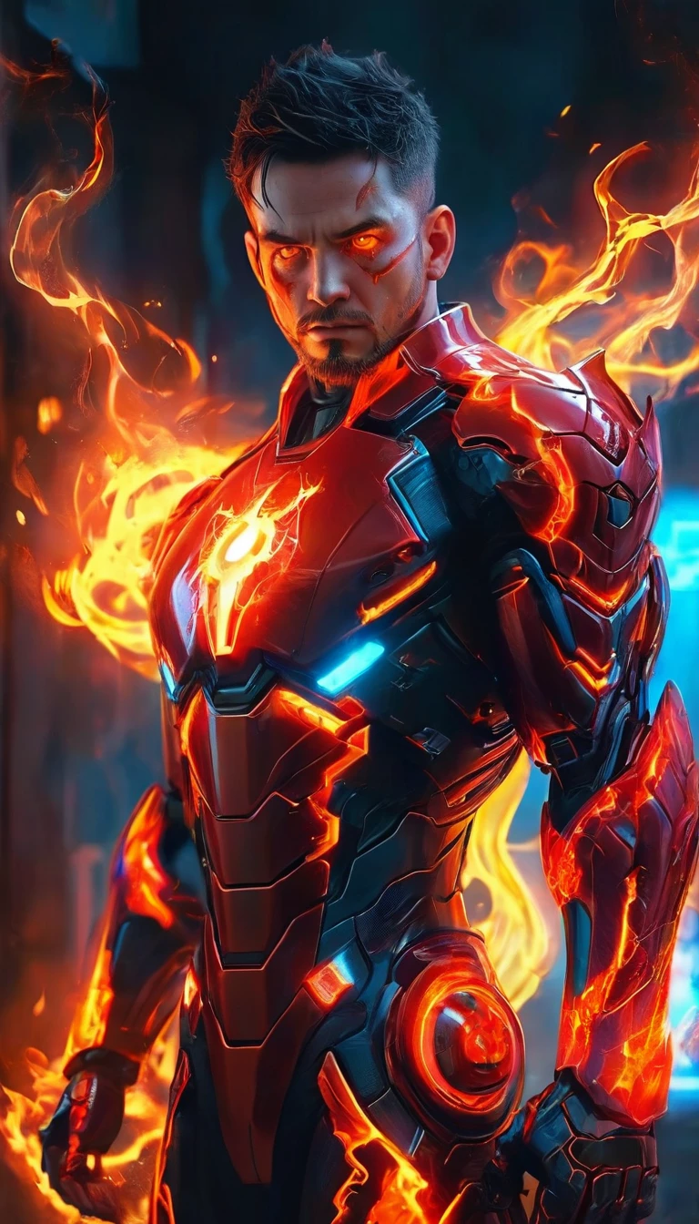 a man with glowing eyes and a red suit standing in front of a fire, incredible background, human torch, glowing red veins, radiant power, avatar image, glowing red veins, glowing and glowing veins, cyberpunk flame suit, full body, 8k very detailed ❤🔥 🔥 💀 🤖 🚀, glowing veins, dark supervillain, 1024px profile picture, fire demon