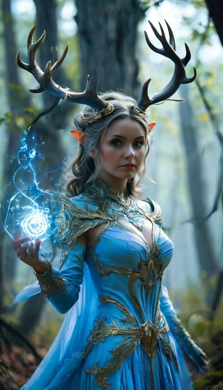 in a forest setting, the image depicts a mystical being with a set of antlers composed of light. Each side of the being has six antlers that extend backwards to form a circular pattern. The figure is dressed in a blue robe with a luminous circular decoration on the chest, lending the figure a majestic aura. This blue-hued entity supports the theme of nobility, with multiple elongated tail-like extensions emanating from the dress... A distinctive feature of the being is what appears to be a brilliant blue eye, adding to the magical essence of the character, which is amplified by the incorporation of a radiance, expansion and contraction of blue light on the chest, resembling a plasma ball. The being occupies a path amid imposing gray trees, lending a mysterious and somewhat eerie atmosphere to the scene. The overall imagery conveys a powerful sense of enigma and supernatural presence, alluding to an extraordinary and mysterious essence.