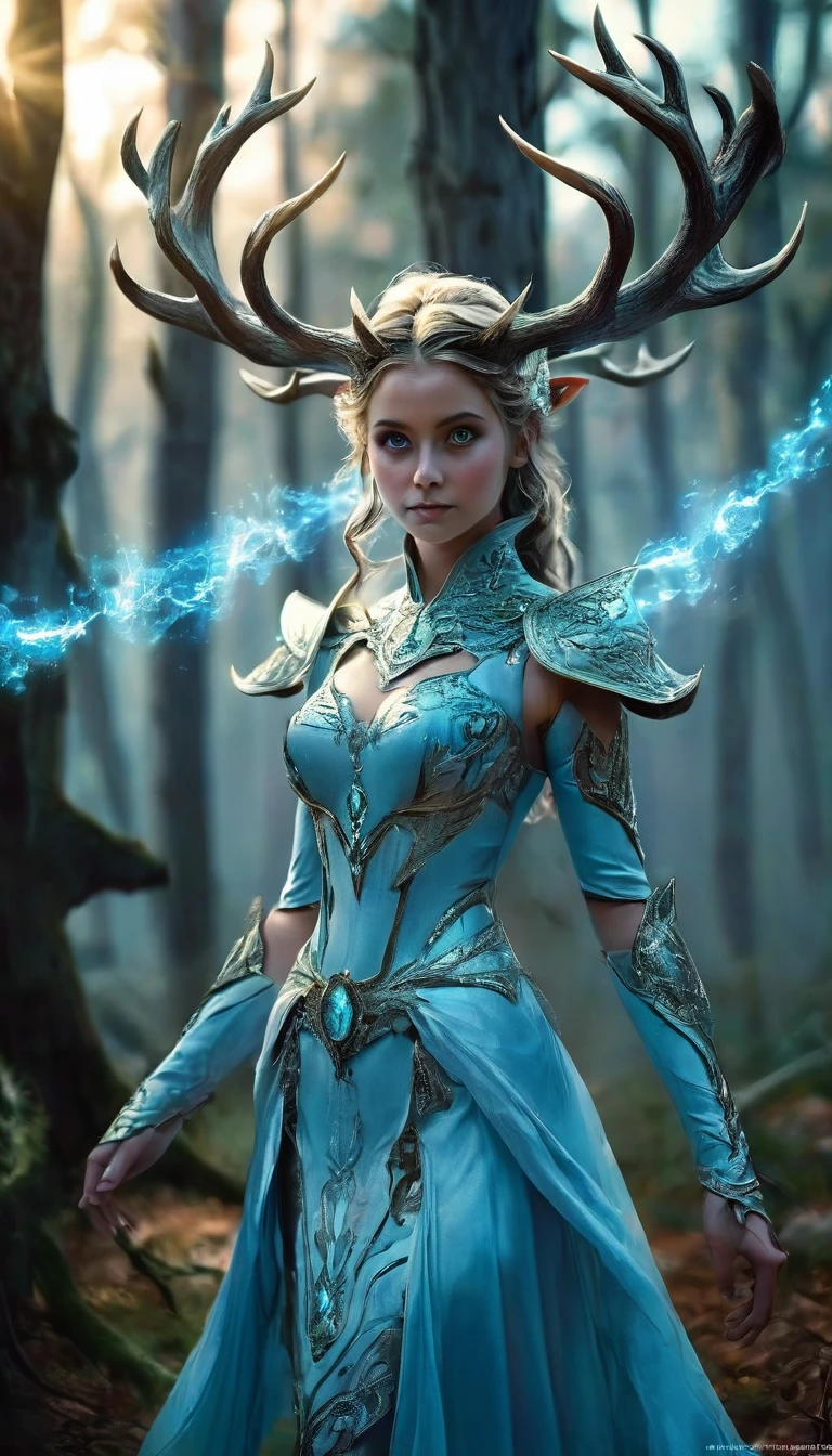 in a forest setting, the image depicts a mystical being with a set of antlers composed of light. Each side of the being has six antlers that extend backwards to form a circular pattern. The figure is dressed in a blue robe with a luminous circular decoration on the chest, lending the figure a majestic aura. This blue-hued entity supports the theme of nobility, with multiple elongated tail-like extensions emanating from the dress... A distinctive feature of the being is what appears to be a brilliant blue eye, adding to the magical essence of the character, which is amplified by the incorporation of a radiance, expansion and contraction of blue light on the chest, resembling a plasma ball. The being occupies a path amid imposing gray trees, lending a mysterious and somewhat eerie atmosphere to the scene. The overall imagery conveys a powerful sense of enigma and supernatural presence, alluding to an extraordinary and mysterious essence.