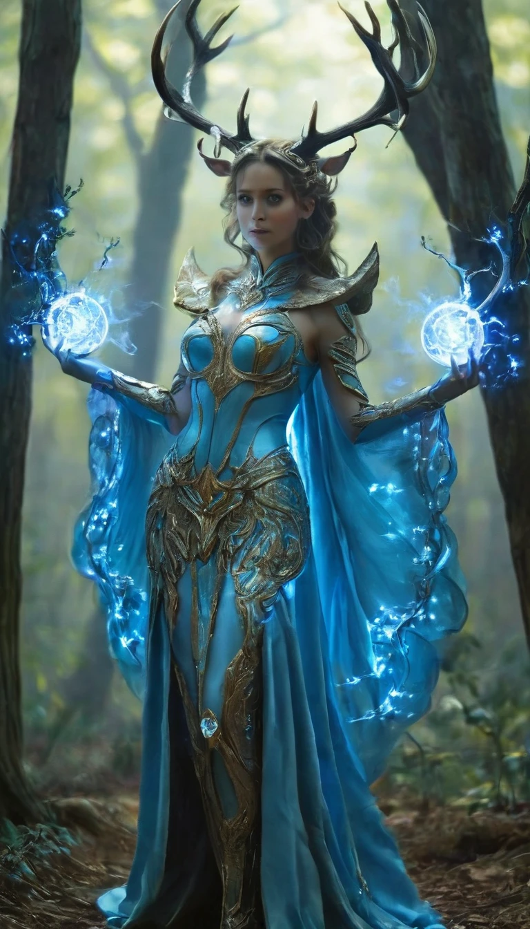 in a forest setting, the image depicts a mystical being with a set of antlers composed of light. Each side of the being has six antlers that extend backwards to form a circular pattern. The figure is dressed in a blue robe with a luminous circular decoration on the chest, lending the figure a majestic aura. This blue-hued entity supports the theme of nobility, with multiple elongated tail-like extensions emanating from the dress... A distinctive feature of the being is what appears to be a brilliant blue eye, adding to the magical essence of the character, which is amplified by the incorporation of a radiance, expansion and contraction of blue light on the chest, resembling a plasma ball. The being occupies a path amid imposing gray trees, lending a mysterious and somewhat eerie atmosphere to the scene. The overall imagery conveys a powerful sense of enigma and supernatural presence, alluding to an extraordinary and mysterious essence.