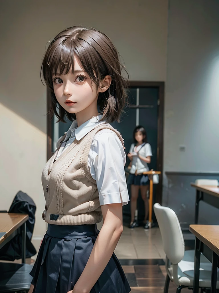 Masterpiece, Top Quality, Top Mikoto, brown eyes, short hair, small breasts, looking at viewer, alone, closed mouth, collared shirt, beige knit vest, dark blue  Skirt, school_uniform, shirt, white_shirt, classroom,Masterpiece, highest quality, 8K, detailed skin texture, fine cloth texture, beautiful detailed face, intricate details, super detailed,cute,cute posing,composition that shows the whole body,