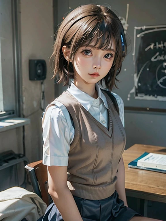 Masterpiece, Top Quality, Top Mikoto, brown eyes, short hair, small breasts, looking at viewer, alone, closed mouth, collared shirt, beige knit vest, dark blue  Skirt, school_uniform, shirt, white_shirt, classroom,Masterpiece, highest quality, 8K, detailed skin texture, fine cloth texture, beautiful detailed face, intricate details, super detailed,cute,cute posing,composition that shows the whole body,