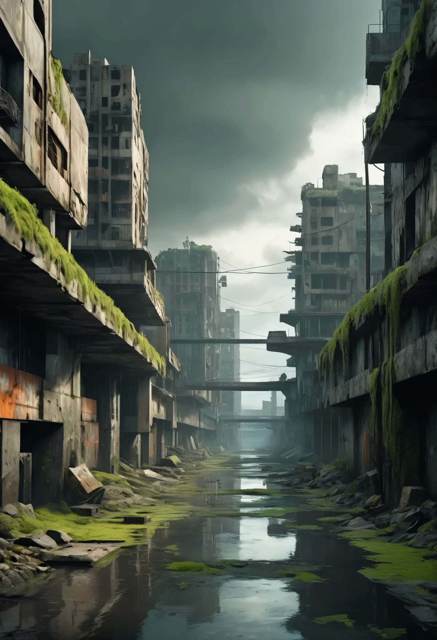 Изображение дна глубокого речного русла с глубокими стенами посреди мегаполиса, опустошенного апокалипсисом, вокруг несколько пришедших в упадок и обрушившихся футуристических бетонных зданий., Стиль Мэдмакс, пустошь, сухой и полуразрушенный причал, вокруг мало воды и мха, сценарий вдохновлен сценарием игры Half Life 2, серое и дождливое небо, дождь, здания в оттенках серого, пейзажи в оттенках серого, есть туман, 