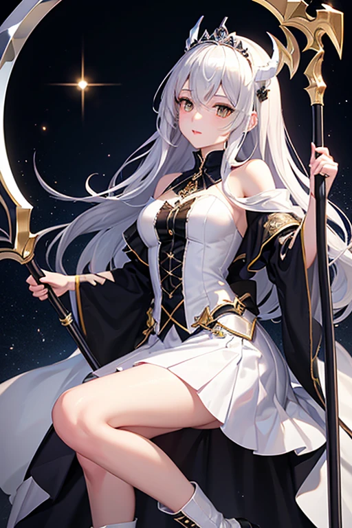 （（（highest quality、Masterpiece、Normal body、8k、Detailed face、Ultra-precision、Normal hand、Normal finger、５Finger、Highest）））Beautiful girl with golden and silver hair、Princess、Absolute Being、Twilight Dress、White and black skirt、Shiny Tiara、metal boots、Death Scythe、Game Scythe、Grim Reaper&#39;s Scythe、disaster々New Scythe、disaster々Aura、Reap the Soul、death penalty、Grim Reaper、grim Reaper、collapsing universe、Dimensional Destruction、The End of the Galaxy、Combat Ready、Death Scytheを振りかぶる、He lowers his waist, holds the scythe in both hands and swings it over his shoulder.、Brace your feet and put your hips in、reap