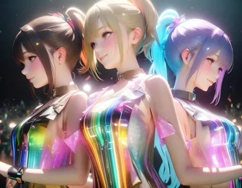 idol concert,holography, draw in neon colors:idol concert:3 girls:future,idol, transparent, 3d, light, sf, digital art, digital,...