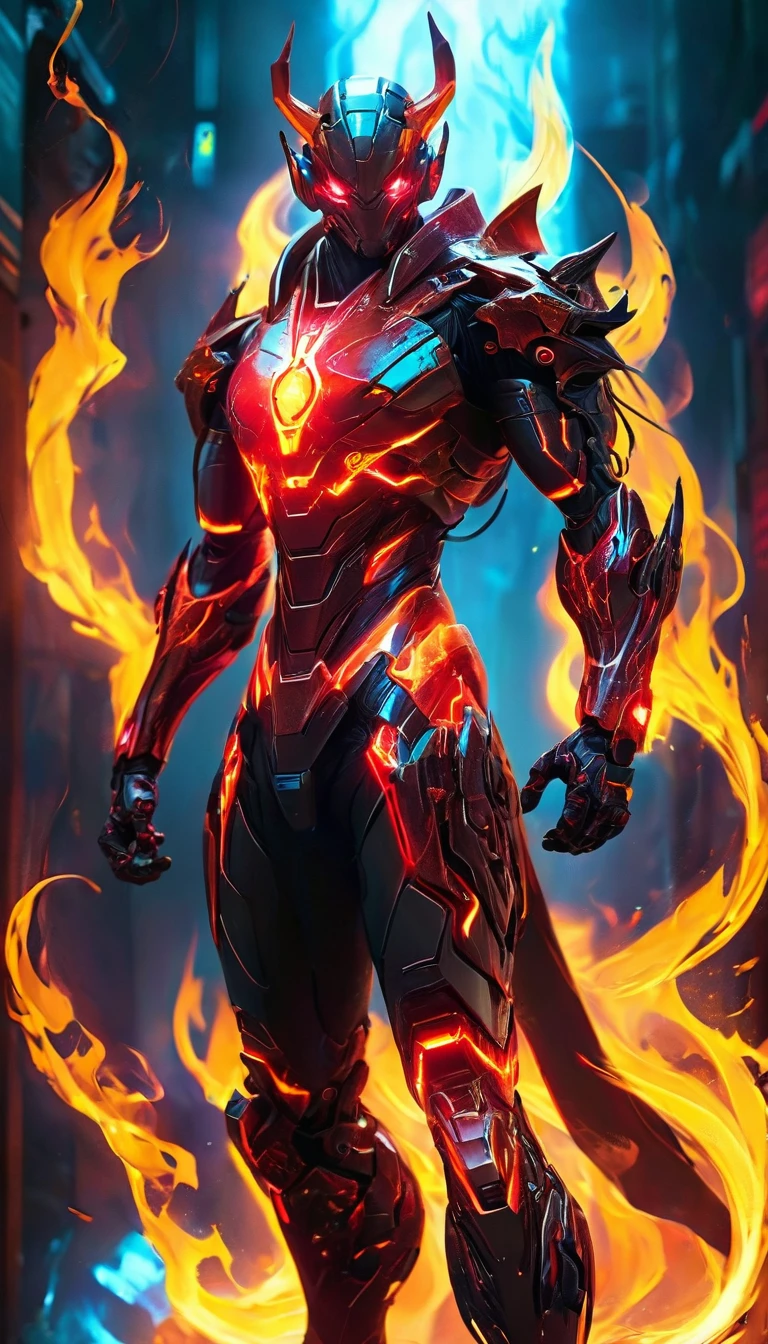 a man with glowing eyes and a red suit standing in front of a fire, incredible background, human torch, glowing red veins, radiant power, avatar image, glowing red veins, glowing and glowing veins, cyberpunk flame suit, full body, 8k very detailed ❤🔥 🔥 💀 🤖 🚀, glowing veins, dark supervillain, 1024px profile picture, fire demon