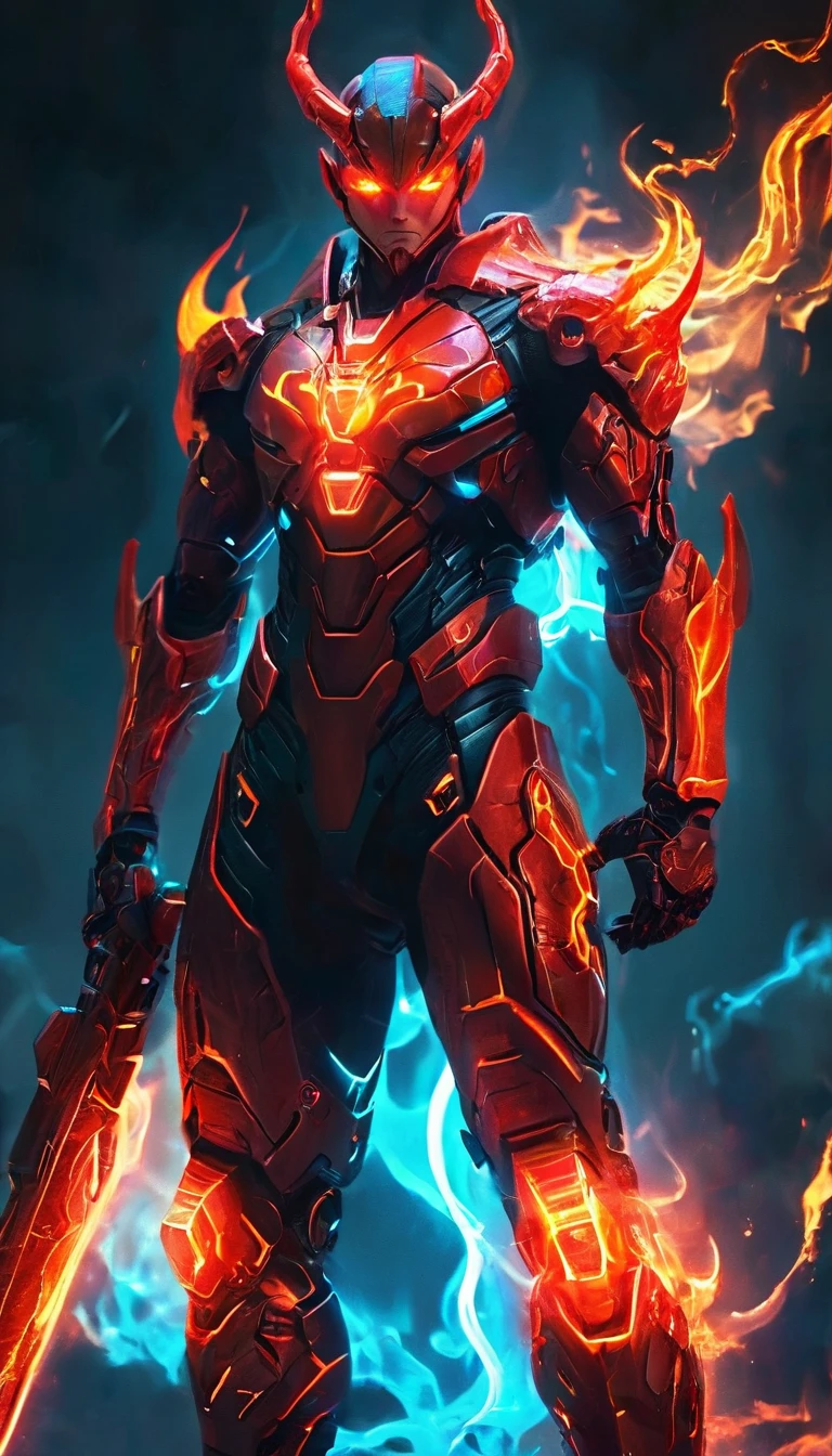 a man with glowing eyes and a red suit standing in front of a fire, incredible background, human torch, glowing red veins, radiant power, avatar image, glowing red veins, glowing and glowing veins, cyberpunk flame suit, full body, 8k very detailed ❤🔥 🔥 💀 🤖 🚀, glowing veins, dark supervillain, 1024px profile picture, fire demon