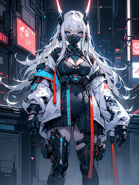 Alone, white hair, Long hair, Straight Hair, Deep blue eyes, Wear, Tech jacket, Thighs exposed, Cleavage, Small Breasts, Big Ass...