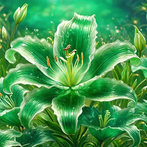 best quality, very good, 16K, ridiculous, Extremely detailed, Gorgeous transparent emerald lily, Background grassland（（A masterp...