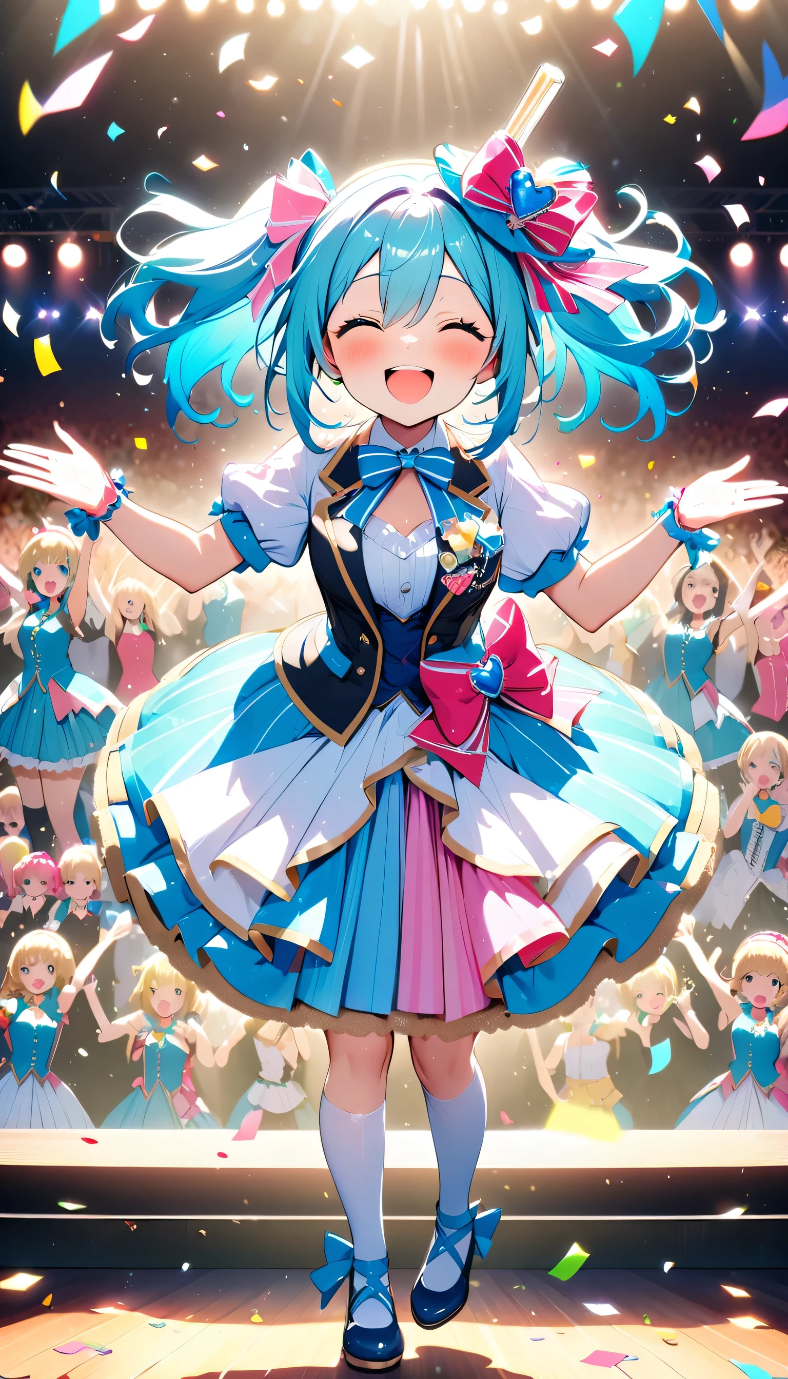 ((Idol Concert)),((Confetti)),Smile at the audience,Perfect Face,cute,dance,Please raise your hand,Scene of the concert venue,masterpiece,highest quality,Pop and fancy idol costumes,cute,fun,happiness,,Stylish scenery,22.2 Shine,celebration,Anatomically correct,all the best,Consciousness upward,,((Confetti)),Shine,star,Light,Sequins,,lame,,BRAKE,A concert themed around Alice in Wonderland,Characters,Cosplay,Alice,flash,