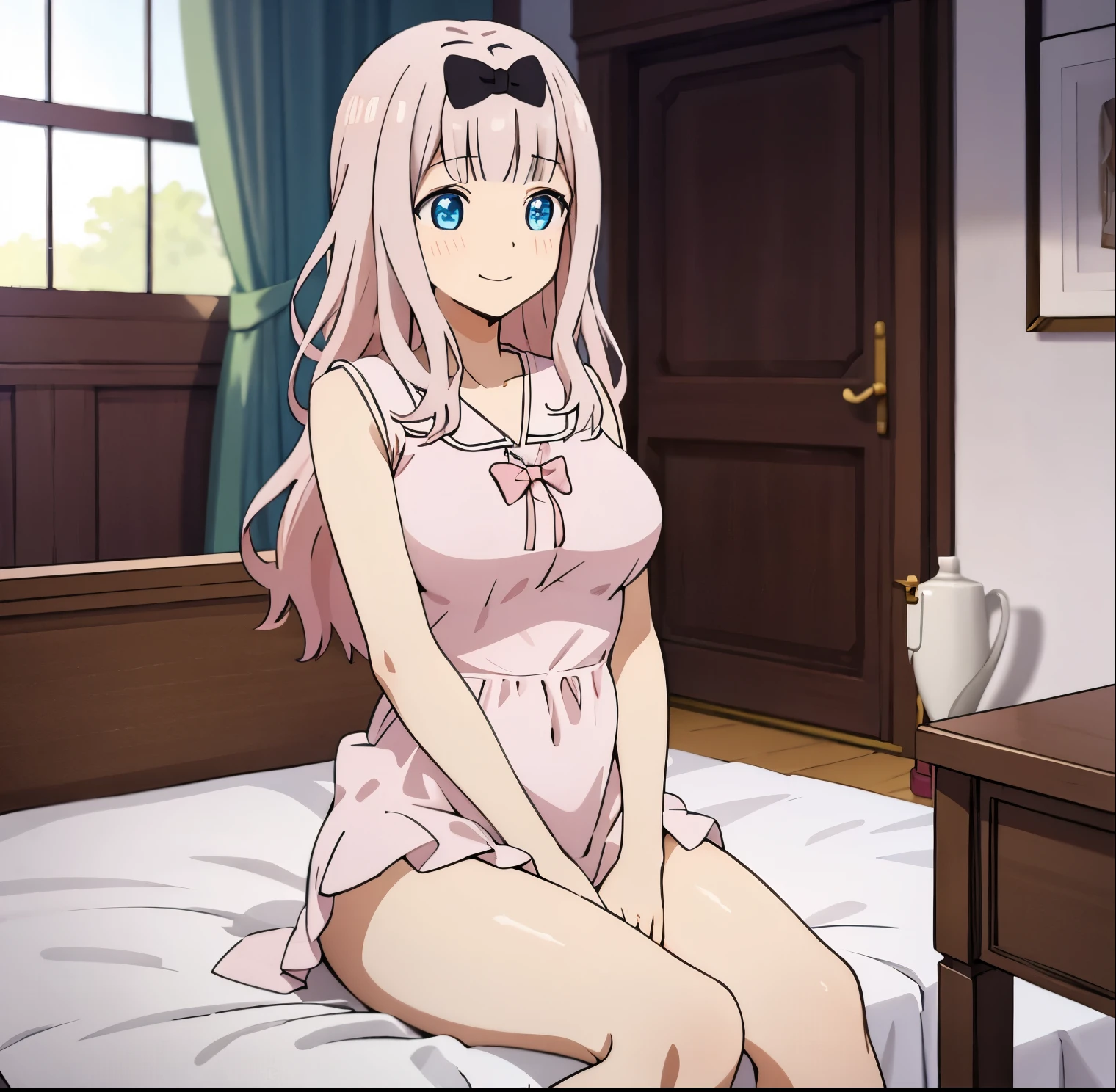 Anime girl sitting on a bed in a room with a window - SeaArt AI