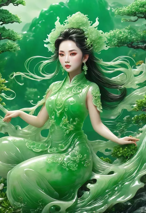 best quality, very good, 16k, ridiculous, extremely detailed, gorgeous transparent jade girl, background grassland（（a masterpiec...