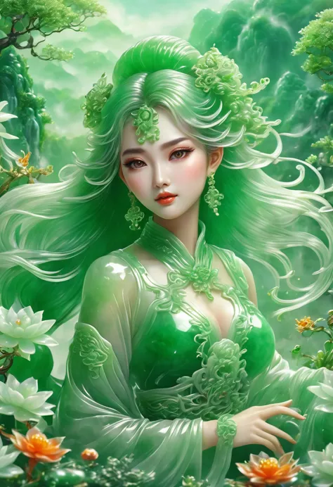 best quality, very good, 16k, ridiculous, extremely detailed, gorgeous transparent jade girl, background grassland（（a masterpiec...