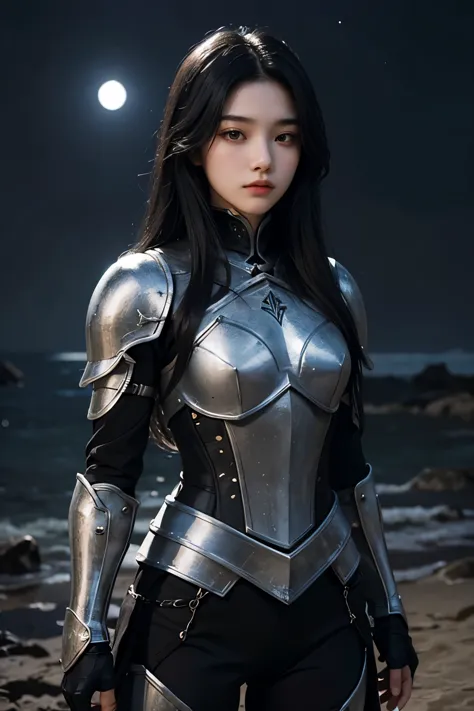 A beautiful woman who is pretty and kind. Black hair. Sixteen-year-old. She stands in the moonlight wearing black armor.