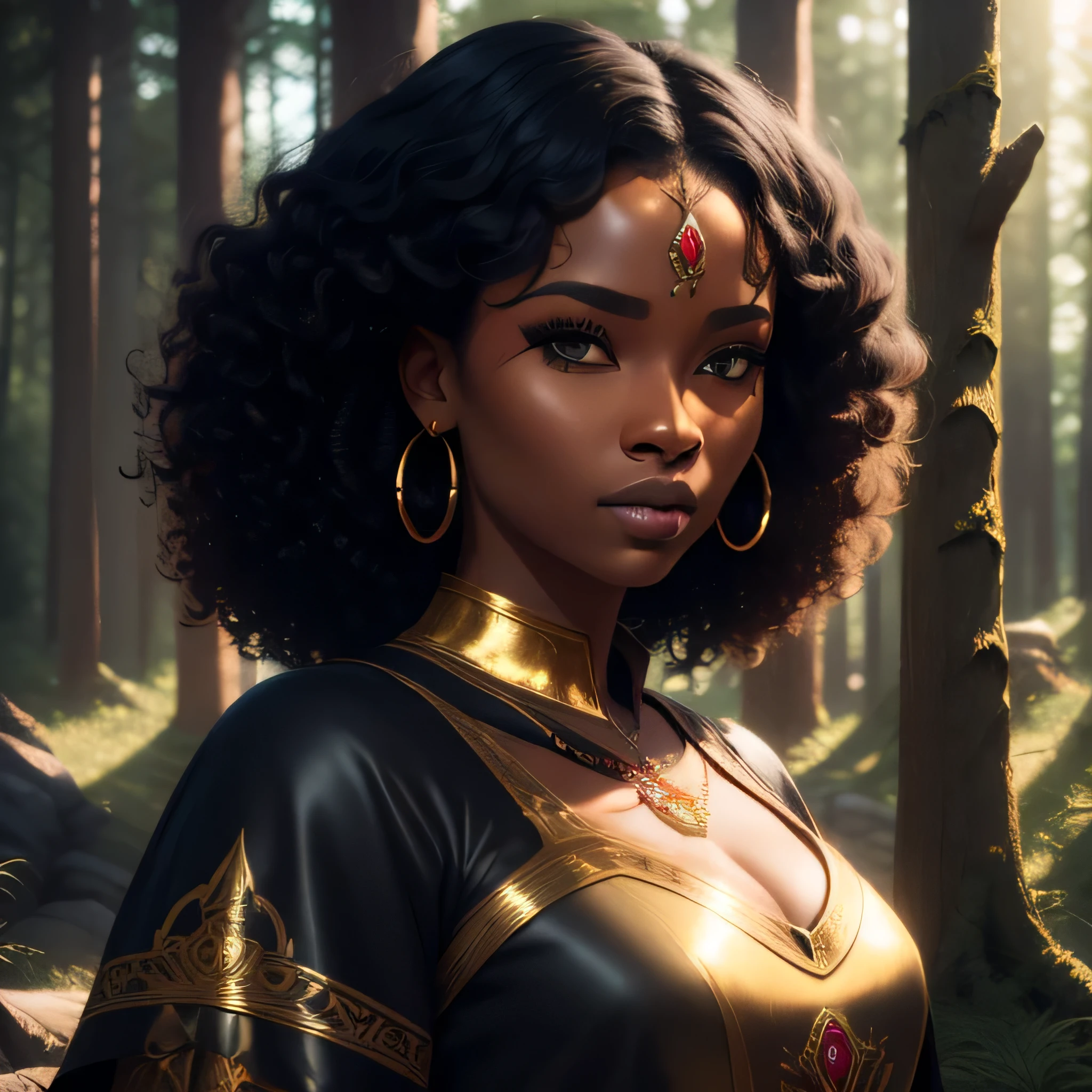 femme, peau très noire, africain, visage symétrique, cheveux bouclés noirs cheveux bouclés, yeux dorés, dos, corps entier , portrait, vêtements ceda, bijoux lumineux, lumière dynamique, paysage forestier médiéval, HD, 8k, TN-RpgGameGirl