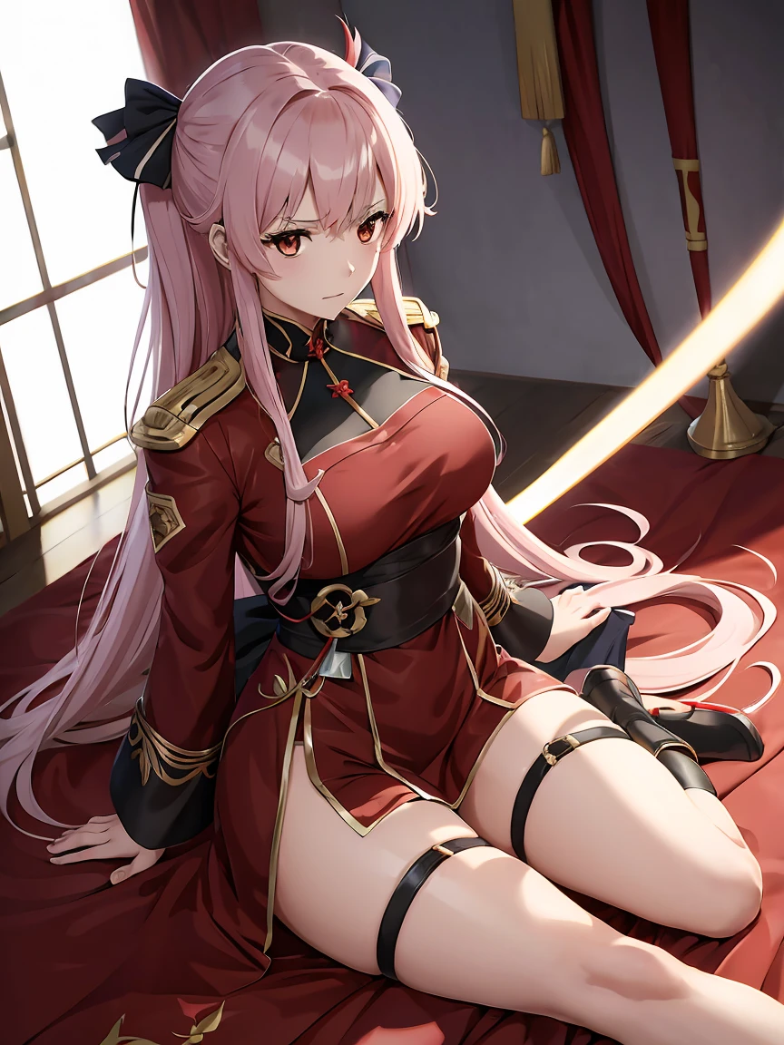 anime girl en robe rouge tenant une épée et portant des talons hauts, Ayaka genshin impact, Ayaka jeu genshin impact, du jeu vidéo Azur Lane, cushart krenz art key female, female protagonist 👀 :8, uniforme rouge, style voie d&#39;azur, tenue cramoisie, style anime comme le destin/passer la nuit, robe ornée de rouge et d&#39;or