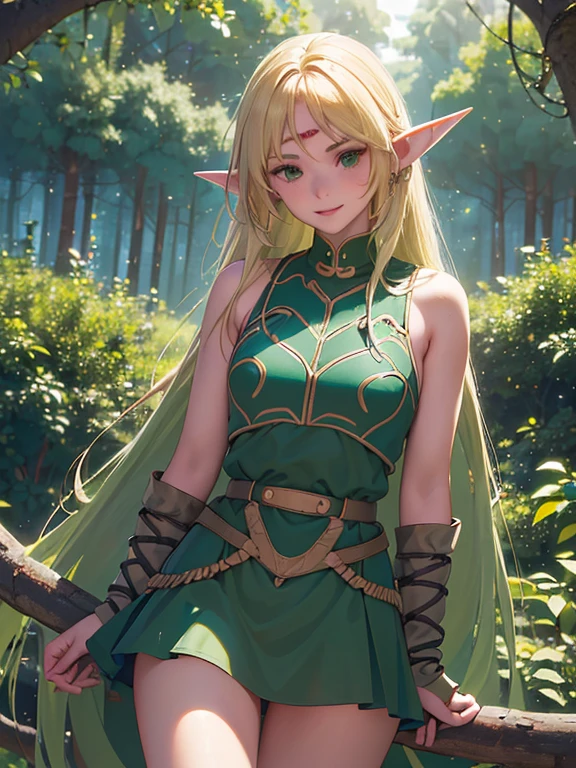 ((Obra maestra)), ((mejor calidad)), ((high resolution)), ((Fondo de pantalla CG unificado 8k extremadamente detallado)), ((on the branch of a tree in the deep forest:1.3)), ((Elven woman cartoon character, Orejas de elfo puntiagudas, pelo rubio ondulado, ojos verdes, Piel desnuda:1.2)), tiro de vaquero, Skin is moist and shiny, Vistiendo un minivestido fluido y una armadura de cuero con adornos dorados., botas largas de cuero, ((inclina la cabeza, vista desde el frente:1.2)), ((agacharse con las piernas separadas)), 