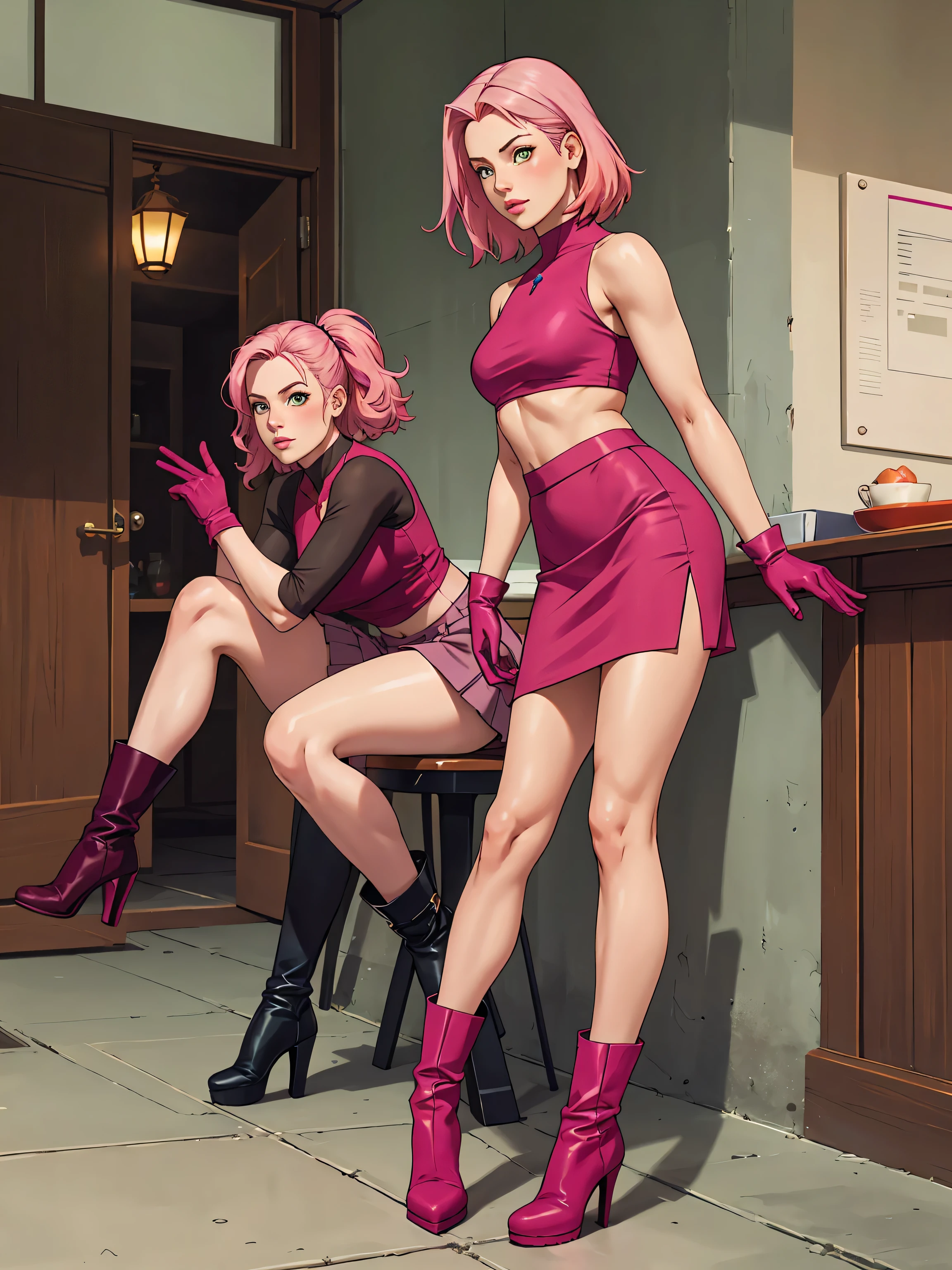 Full body, realistic, Cute girl, pink hair, pink crop top, pink skirt, long pink gloves, pink high heel boots