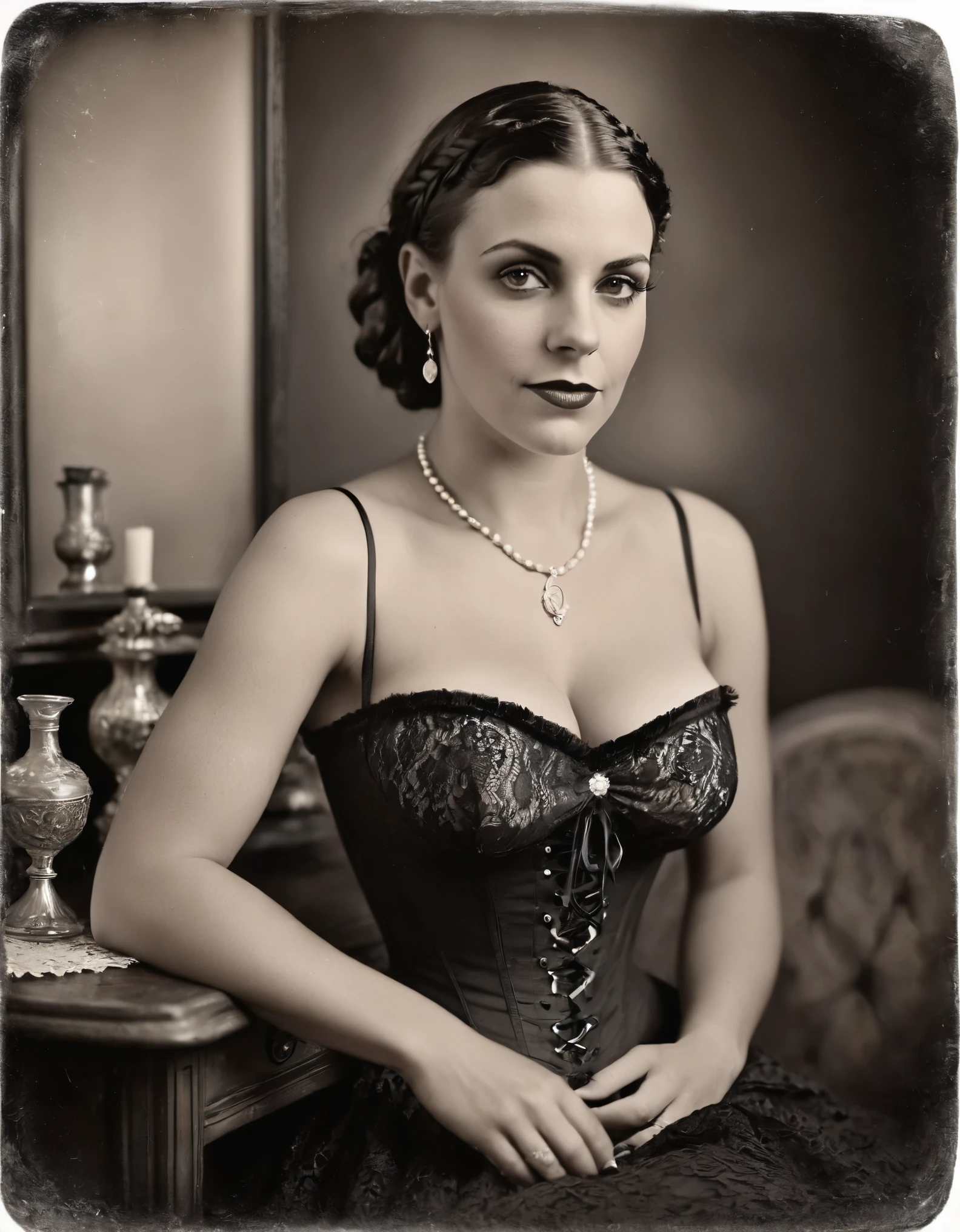 tintype photo, black and white boudoir photography of an attractive latina woman, age 30, black hair styled in braided cornrows, curvy body, embodying grace and poise in a stunning black lace corset and stockings. she sits serenely in front of a vintage vanity table adorned with a captivating array of antique perfume bottles, the soft diffused lighting casting a warm and intimate glow over the scene. the vintage and glamorous effect enhances the ambiance, creating a mood of sophistication, this composition captures a moment of quiet elegance and understated sensuality, celebrating the beauty and confidence of the subject, perfect hands, perfect body

