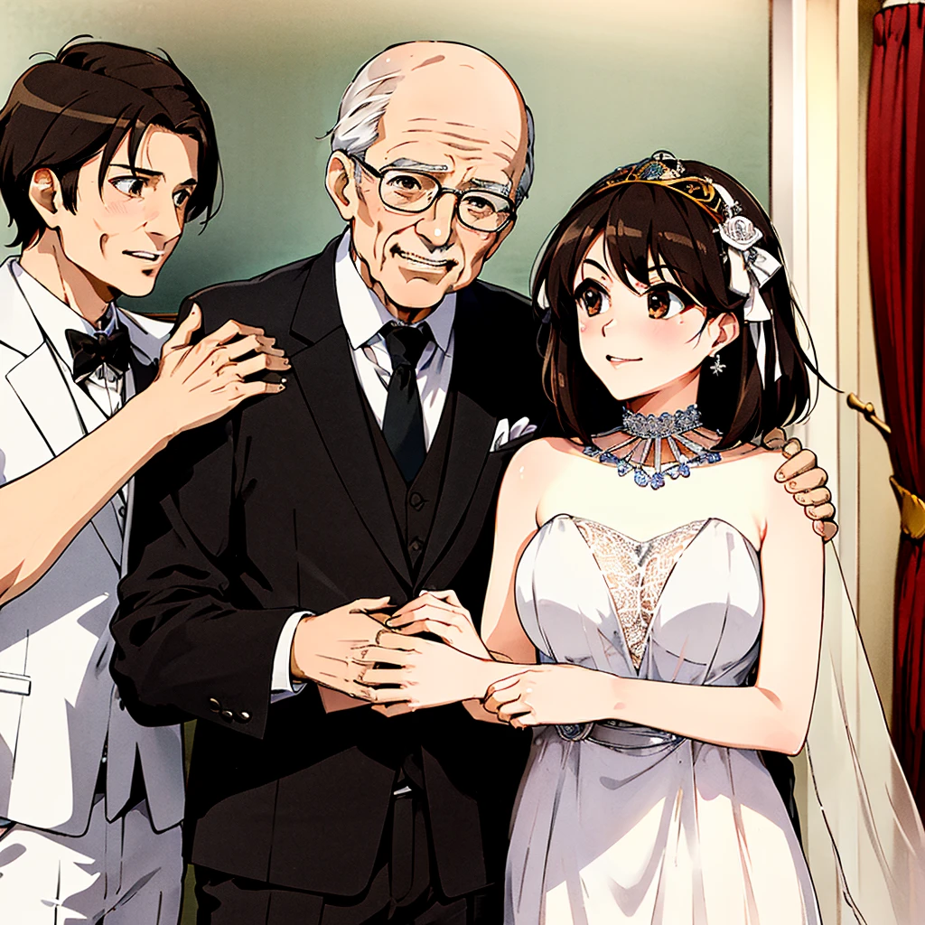 ((highest quality)), ((masterpiece)), (detailed), （Perfect Face）、The woman is Haruhi Suzumiya, with short brown hair and the wife of a 70-year-old man.、（The woman is wearing a gorgeous, flashy pure white wedding dress and wedding veil, a gorgeous engagement ring and gorgeous jewelry, and is holding her arm close to a 70-year-old man wearing a tuxedo as they hold their wedding ceremony.）、（The woman snuggles up closely to the 70-year-old man）、The man is 70 years old and is standing close to the woman at a wedding.