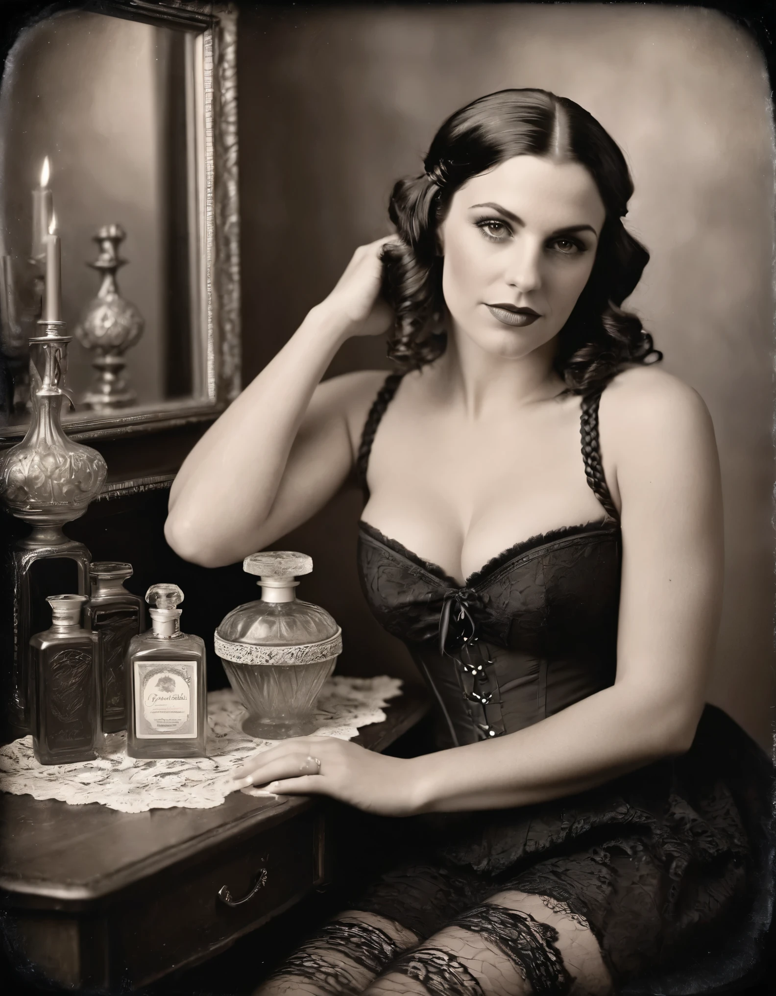 ブリキの写真, 白黒の私室写真, 魅力的なラテン系女性のミディアムショット, 30歳, 編み込みコーンロウの黒髪, 湾曲した体, 見事な黒のレースのコルセットとストッキングで優雅さと落ち着きを体現, 彼女は、魅惑的なアンティークの香水瓶が並べられたヴィンテージの化粧台の前で静かに座っている。, 柔らかく拡散した照明が、シーン全体に暖かく親密な輝きを放ちます。, ヴィンテージ感と華やかさが雰囲気を高めます, 洗練された雰囲気を醸し出す, この構図は静かな優雅さと控えめな官能性の瞬間を捉えている, 被写体の美しさと自信を称賛する, 完璧な手, 完璧なボディ
