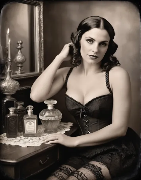 tintype photo, black and white boudoir photography, medium shot of an attractive latina woman, age 30, black hair styled in brai...