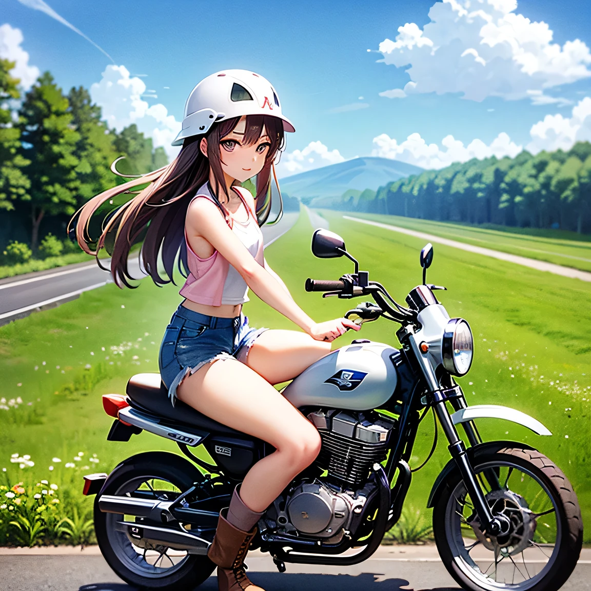 Highest quality、A girl is riding a white Super Cub、Dark brown short cut、(He is wearing a jet helmet with white and black lines running down the center of the helmet from front to back.、White tank top、Pink jacket、Denim shorts、White knee-high socks、Brown work boots:1.3)、Japanese countryside scenery、Road beside the stream、Small creek、Dirt Road、Weeds grow along the side of the road、Blue sky、White clouds floating、Early summer sky、