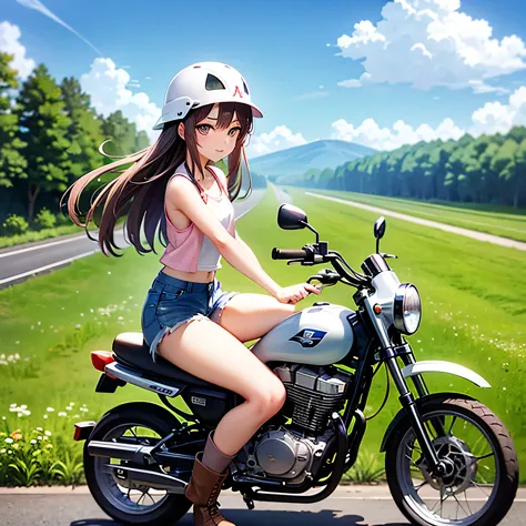 highest quality、a girl is riding a white super cub、dark brown short cut、(he is wearing a jet helmet with white and black lines r...