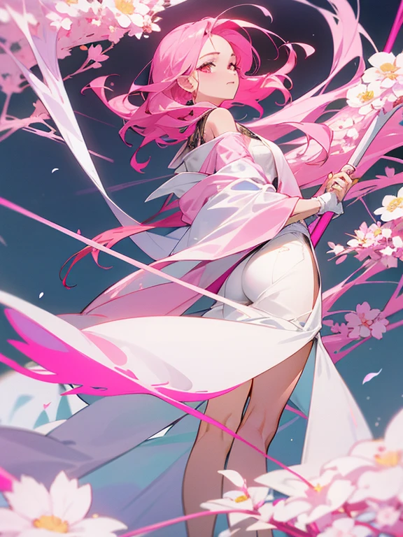 "Dessinez un beau personnage d&#39;anime de femme araignée avec de longs cheveux rose vif et des yeux rose vif légèrement inclinés.. Il porte une robe blanche flottante qui touche presque le sol... Elle est debout sur un lit de fleurs roses., avec tes grandes respirations en toute confiance, attitude de super-héros. D&#39;une part, elle tenait une petite araignée rose. Dans l&#39;autre, Il tenait une grande faux tranchante portée à son épaule, prêt à attaquer à tout moment. Ses cheveux roses tombaient dans son dos en vagues élégantes... Elle portait un haut court blanc doux et sexy et un col roulé.., chemise à manches longues, avec une découpe sur la poitrine qui révélait ses seins amples. Elle portait une longue jupe blanche qui ne couvrait que ses cuisses... Elle portait également des talons hauts qui la faisaient paraître plus grande qu&#39;avant malgré son attitude confiante et autoritaire..., il avait une expression douce et douce sur son visage.. Ses yeux étaient légèrement mi-clos et il semblait amical et affectueux.... Il semblait être le genre de personne qui se précipiterait pour aider un ami dans le besoin sans hésiter.... Mais don&#39;Ne vous laissez pas tromper par son expression aimable: toujours pas quelqu&#39;un avec qui il est facile de s&#39;embrouiller., surtout quand on tient une faux, 