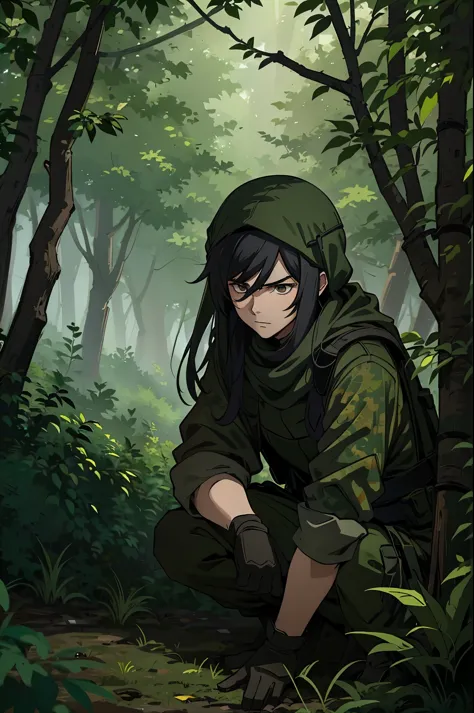 Young man with long black hair, wearing sniper ghillie suit, crouching in the forest, covered in shrubbery and foliage to blend ...