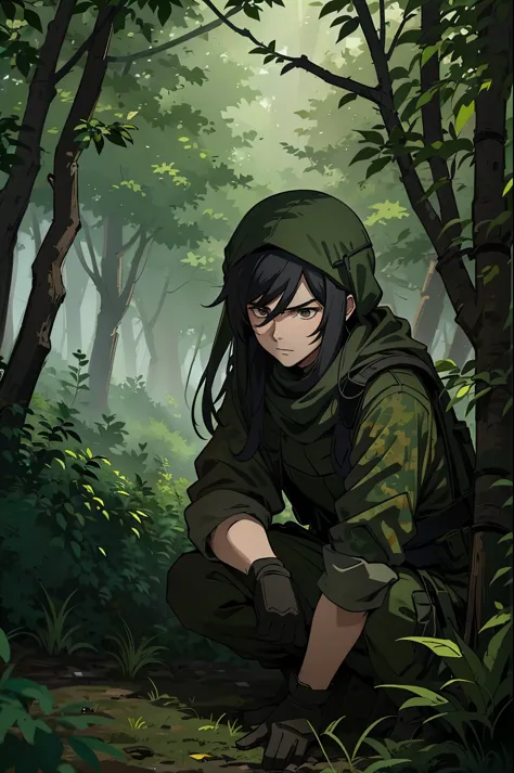 young man with long black hair, wearing sniper ghillie suit, crouching in the forest, covered in shrubbery and foliage to blend ...