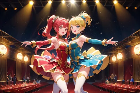 high details, high quality, on the idol stage illuminated with colorful lights、create an image depicting two young women。they we...