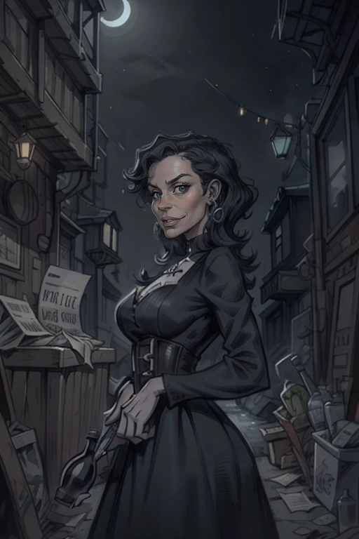 A gothic woman with black hair and black lipstick, She is wearing black dress, She is standing and has a serious expression and there a dark alley behind her. The alley is messy with papers and bottles scattered around, upper body, dutch angle, background location, fantasy setting, in night town dark alley,
