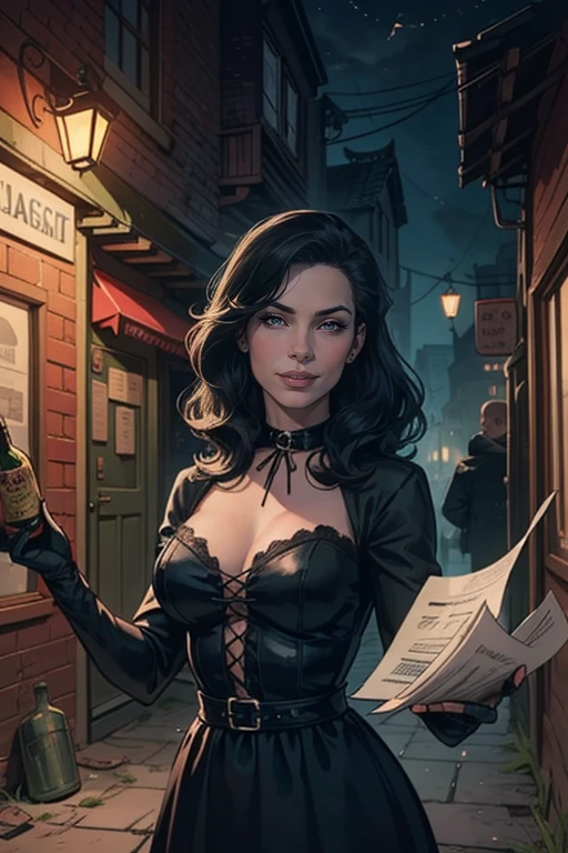 A gothic woman with black hair and black lipstick, She is wearing black dress, She is standing and has a serious expression and there a dark alley behind her. The alley is messy with papers and bottles scattered around, upper body, dutch angle, background location, fantasy setting, in night town dark alley, 