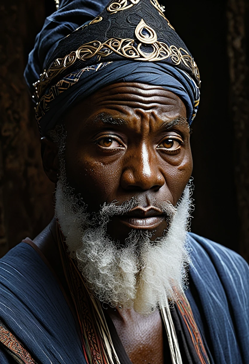 (best quality, 4k, 8k, high resolution, masterpiece: 1.2), ultra-detailed, (realistic, photorealistic, photorealistic: 1.37), dark, black african man, detailed head, intense gaze, long white beard and fluttering wizard, intricate hat, elaborate wizard's robes, mystical staff, enchanted symbols, aged hands, mysterious aura, magical sparks, intensity in facial features, mesmerizing eyes, unique facial wrinkles, detailed wrinkles on forehead, elaborate design, subtle shadows on face , rich textures, ethereal glow around the black man, delicate handling of light and shadow, captivating expression, vibrant colors, dynamic composition, strong contrast, whimsical atmosphere, mystical elements, fantasy concept art, mesmerizing art, intricate details in the eyes, realistic skin textures, masterful brushstrokes, dynamic poses, theatrical lighting, white background, subtle color palette, art style inspired by Yoshitaka Amano.