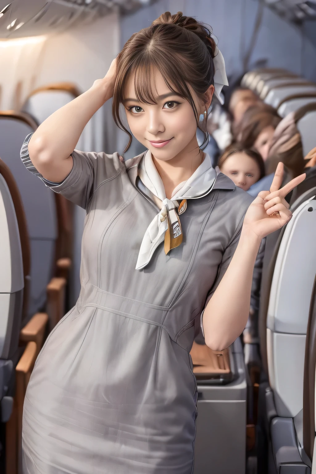 (шедевр:1.2、высшее качество:1.2)、32К HDR、Высокое разрешение、(один、1 девочка、Стройная фигура)、（Реалистичный стиль с униформой Starlux Airlines）、 (На борту пассажирского самолета, Профессиональное освещение)、Правильная женщина, красивое лицо,、（Серебряная униформа Starlux Airlines:1.4）、（Серебряная униформа Starlux Airlines with short sleeves）、（шарф на груди）、большая грудь、（длинные волосы прическа、пучок волос）、темно-коричневые волосы、дальний план、（（Тонкая рука：2.0））、（（Гармоничные пропорции тела.：1.5））、（（Нормальные конечности：2.0））、（（Нормальный палец：2.0））、（（нежные глаза：2.0））、（（Нормальные глаза：2.0））)、красивая осанка стоя、улыбка