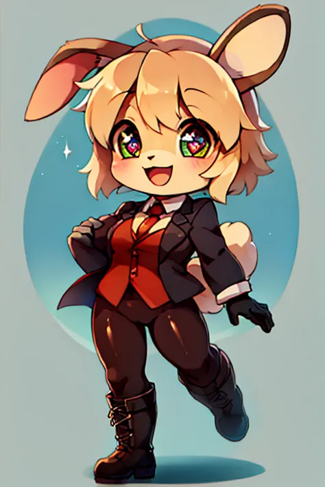 boy, rabbit, furry, bodyfur, blazer, bottomless, tights, gloves, boots, chibi, happy, sparkling eyes