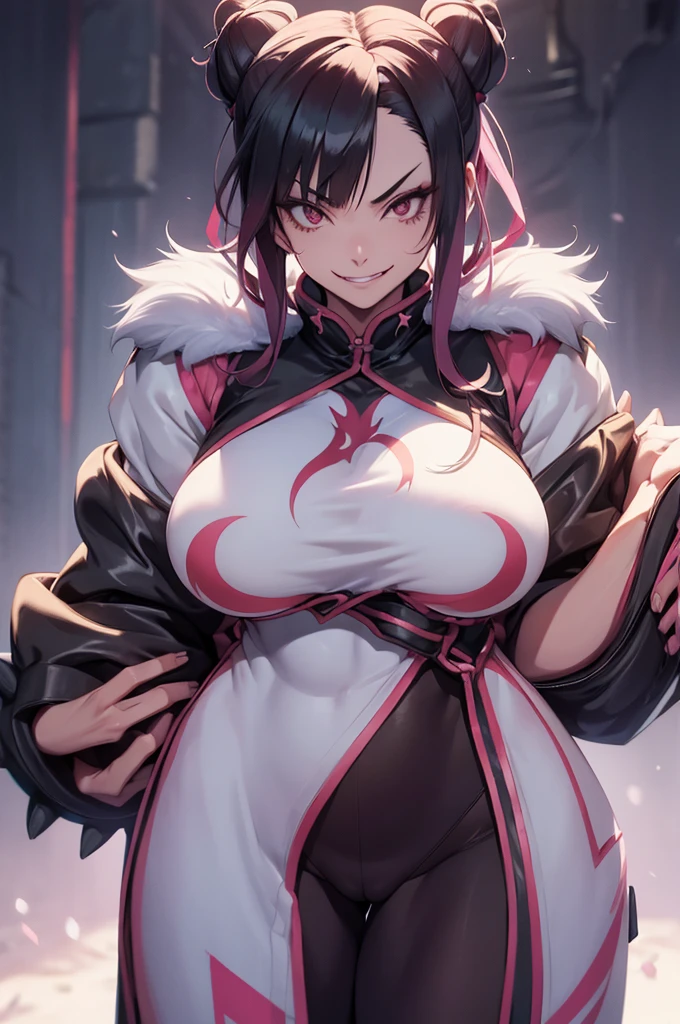 juri han,extremely long hair perfect anatomy 1 girl tall solo curvy ((muscular)) hoodie leggings toned body,Evil Smile,,chifres de cabelo,detalhes do corpo