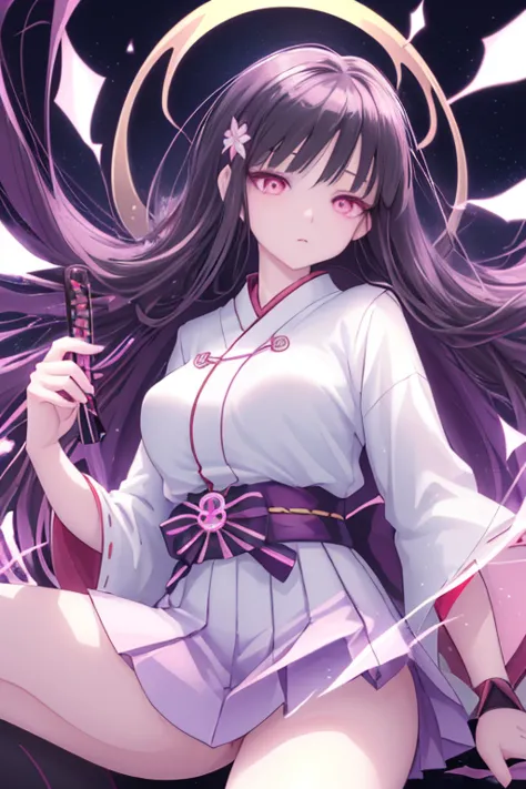 Nezuko sitting in a magical place, holding a katana in her hand, wearing a short, mid-thigh skirt, a white top, with beautiful d...