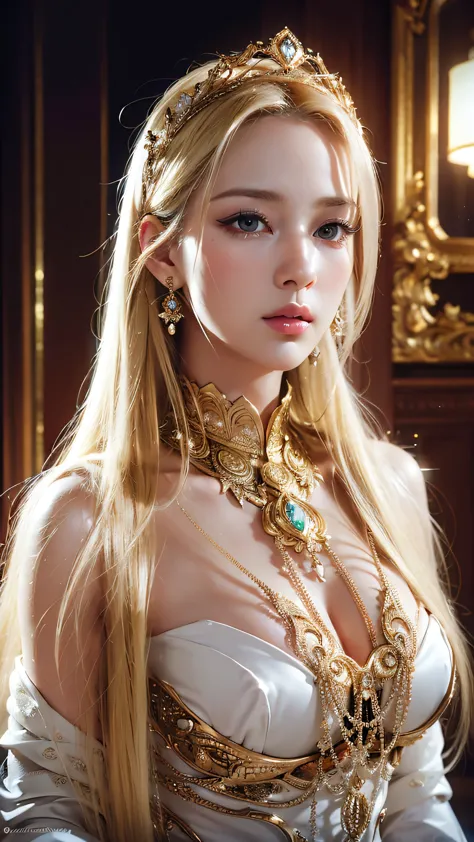 (best quality,ultra-detailed,realistic:1.37),portrait,blonde hair and blue eyes,white skin,extravagant costume with gold details...