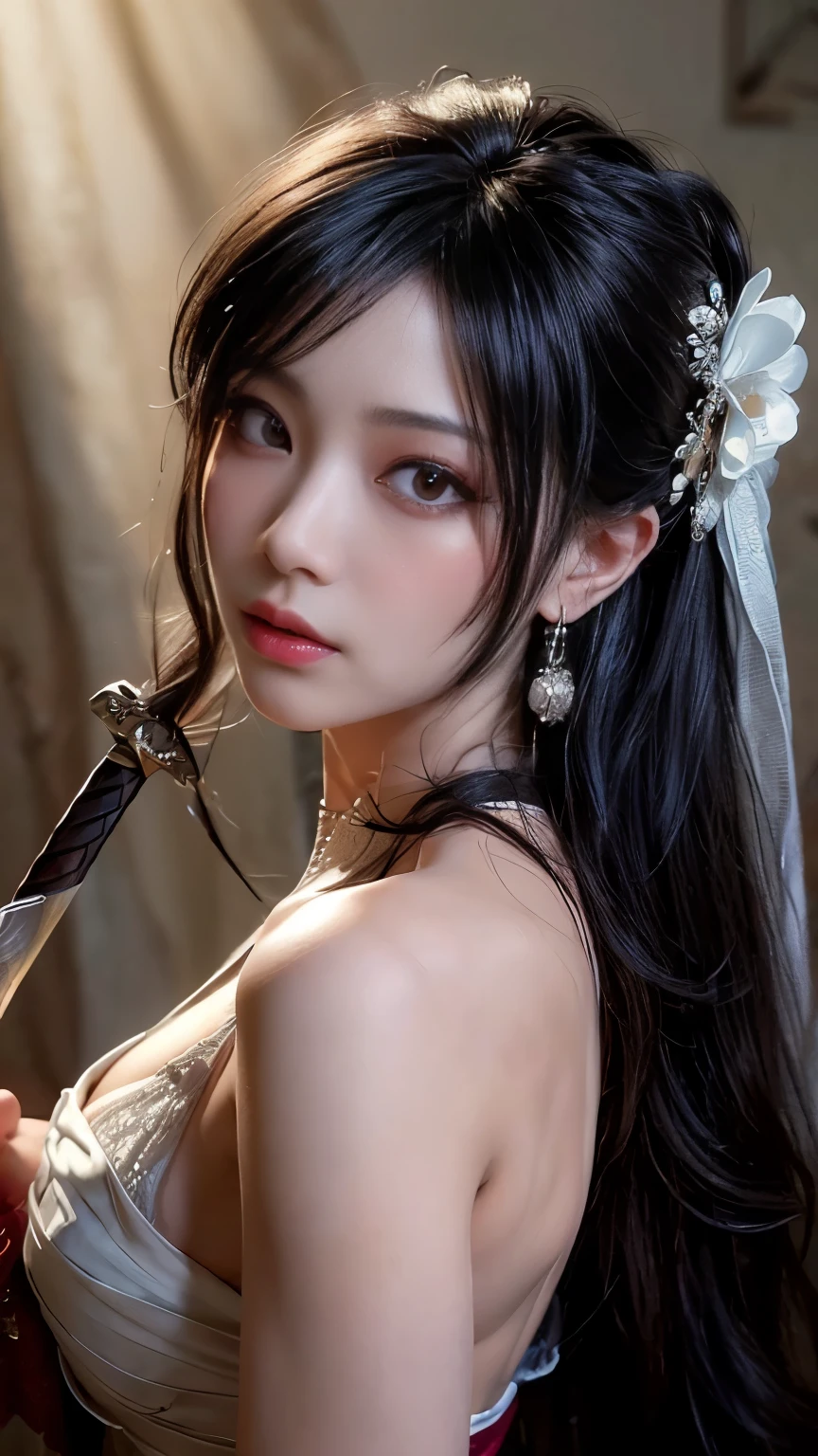 (Best image quality), (masterpiece), (Vibrant, Photo realistic, Realistic, dramatic, dark, Sharp focus, 8k), beautiful, Highly detailed face and skin texture, sexy wedding dress, Heavenly beauty, Mature Asian Woman,Long black hair, Compensate, Browsing Caution ,Close-up shot, ((Backlight)), Holding the Sword, Samurai Wedding
