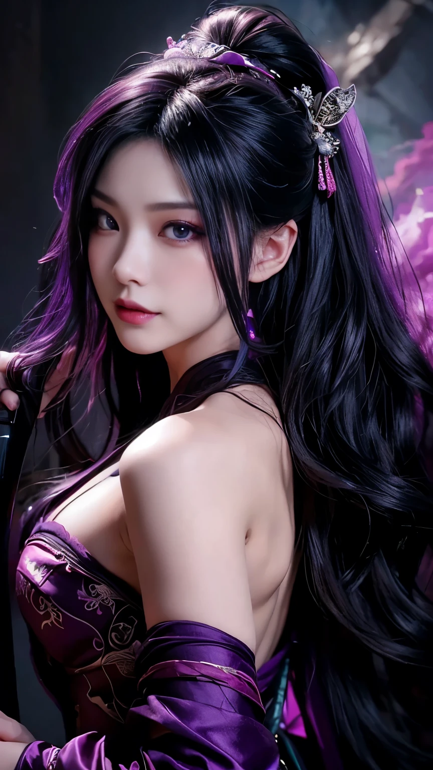 (Best image quality), (masterpiece), (Vibrant, Photo realistic, Realistic, dramatic, dark, Sharp focus, 8k), beautiful, Highly detailed face and skin texture, sexy wedding dress, Heavenly beauty, Mature Asian Woman,Long black hair, Compensate, Browsing Caution ,Close-up shot, ((Backlight)), Holding the Sword, Samurai Wedding、Noir painting of a beautiful young witch, Long purple hair, dark purple lips, evil, evil female, smile, Black Prom Dress, She is coming to you, close, Bright Blue Eyes, Surrounded by swirling pink smoke, Genuine, Attention to detail, highest quality