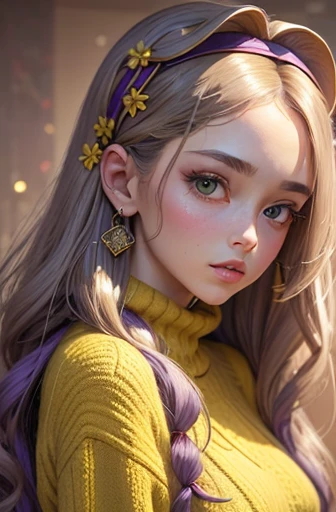 (masterpiece, best quality:1.2),1 beautiful girl，Exquisite facial features，Skin detail processing，The eyes are very detailed，fine hair，straight hair，long hair，curls headband，Loose and lazy sweater，Geometric patterns，Sweater details，hairy，Warm，skirt，Retro contrasting colors，clean background，green，yellow，purple，hairpin, holding chopsticks