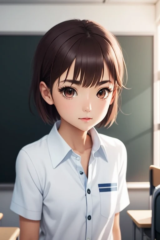 masterpiece, highest quality, superior_Mikoto, Brown eyes, short_hair, small_chest, View your viewers, alone, Closed_mouth, With collar_shirt, School_uniform, shirt, white_shirt, classroom
