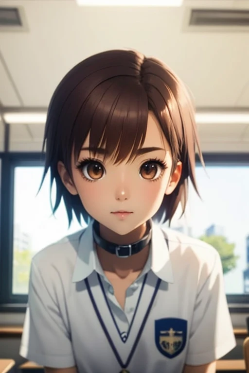 masterpiece, highest quality, superior_Mikoto, Brown eyes, short_hair, small_chest, View your viewers, alone, Closed_mouth, With collar_shirt, School_uniform, shirt, white_shirt, classroom
