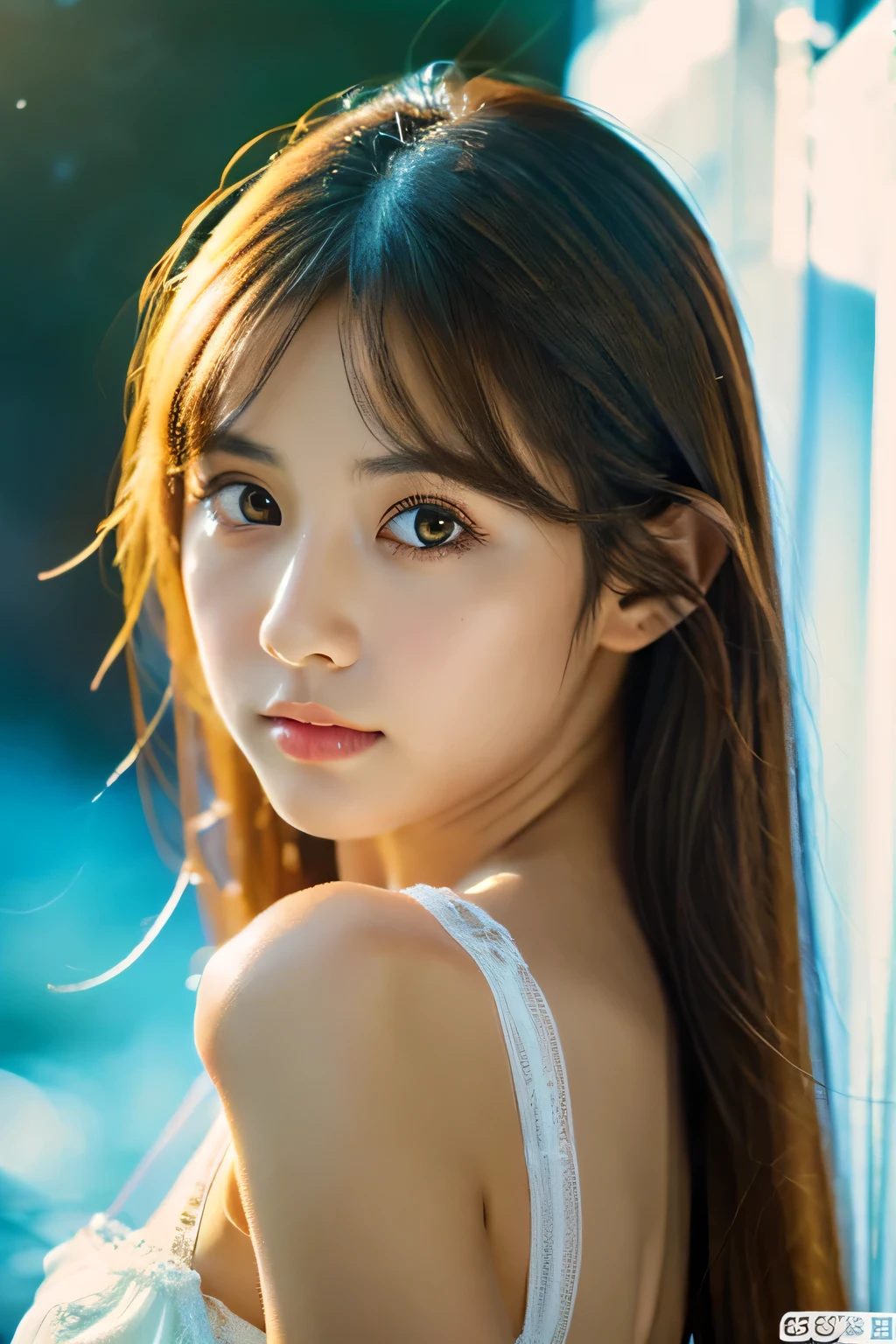 Masterpiece, 1 Beautiful Girl, (Reality 1.4), Japanese, Asian Beauty, Super Beautiful, Beautiful Skin, Thin, (Full Body Image), (Ultra Reality), (High Resolution), (8K), (Very Fine) , (beautiful detailed eyes), (very detailed), (detailed eye description), big eyes, brown eyes, long eyelashes, detailed face, shiny lips, bright lighting, professional lighting, camera Line of sight, serious expression, looking straight ahead, long hair, brown hair, seascape, Nogizaka idol, actress, 20 years old, white shirt, cleavage cut, baby face, moist and realistic skin texture, moist lips, natural shadow, (Raises arm)