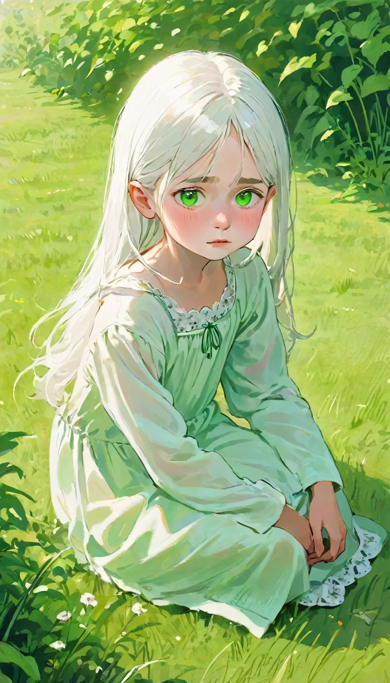 Eight-year-old girl, white hair, green eyes, long white nightgown, disappointed, depressed, has a mole under her right eye, sitting on the grass in a green garden.